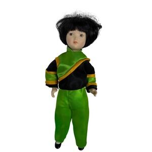 Vintage Asian Porcelain Boy Doll Green Satin Outfit Painted Eyes 10" Unbranded